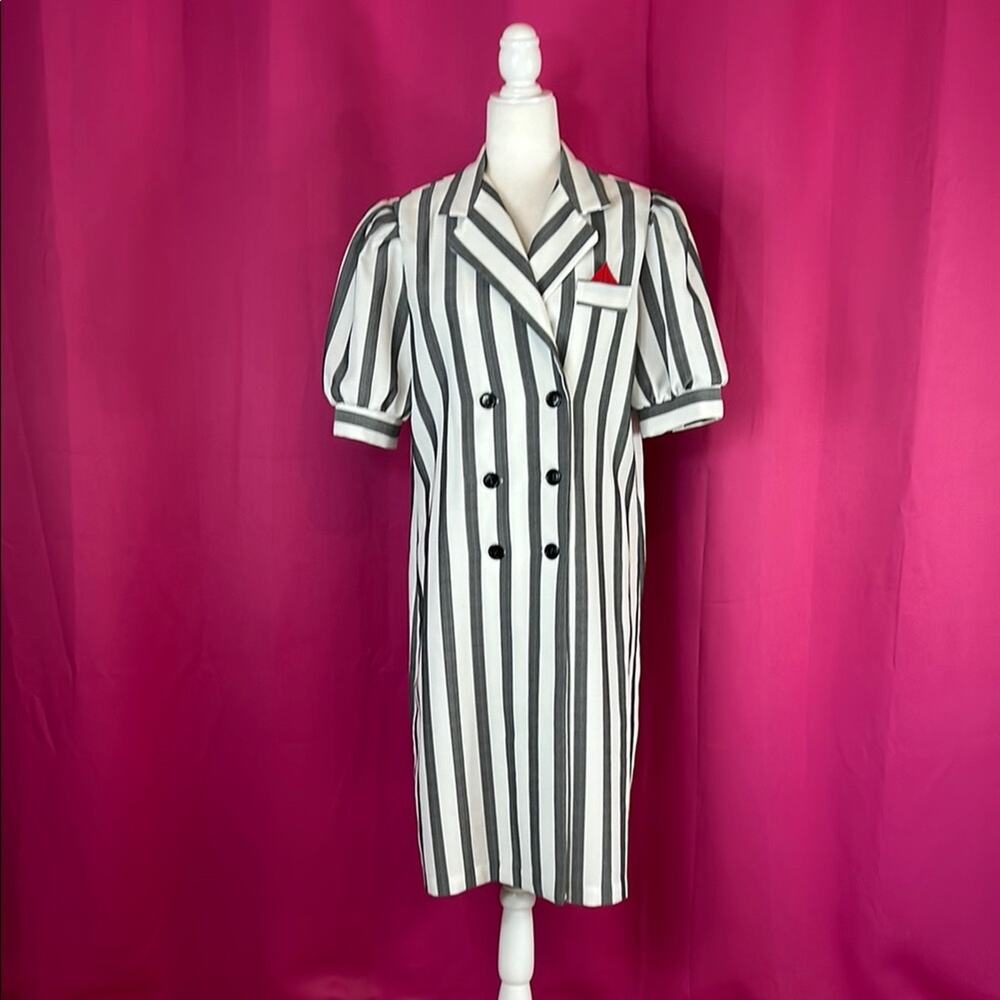 Vintage 80s boss babe grey and white striped button down power dress, 16